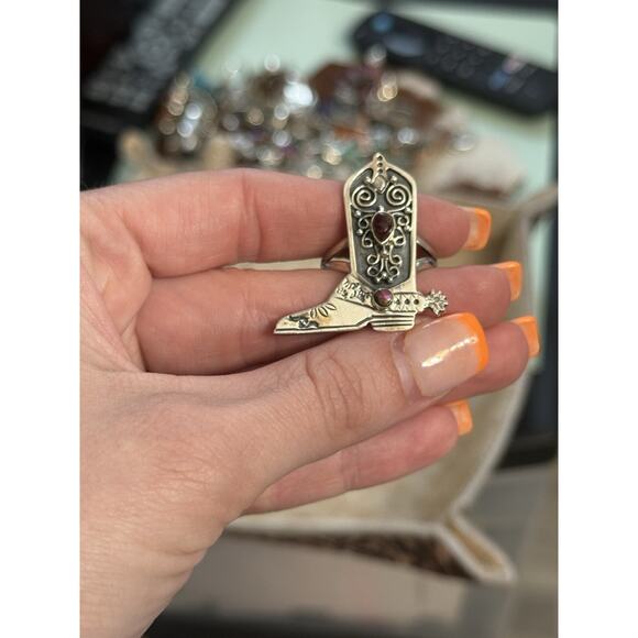 Native American SW Sterling Red Rose Pink Dahlia Western Cowboy Barbie Boot Ring - Picture 11 of 12